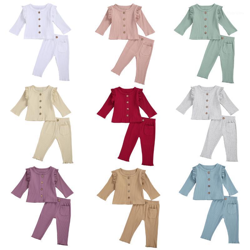 

0-24M 2Pcs Baby Girl Spring Autumn Solid Ruffled Long Sleeve Button T-Shirt + Pocket Pants Set1, B1