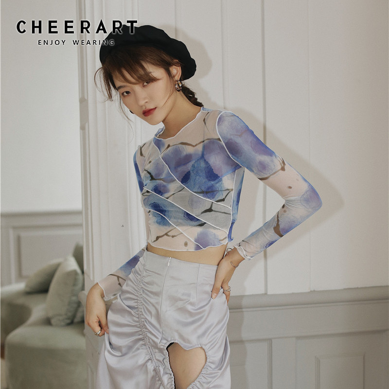 

CHEERART Mesh Crop Top Long Sleeve T Shirt Women Printed Tshirt Transparent Ladies Tight Top Patchwork Summer Fashion 201125, Beige