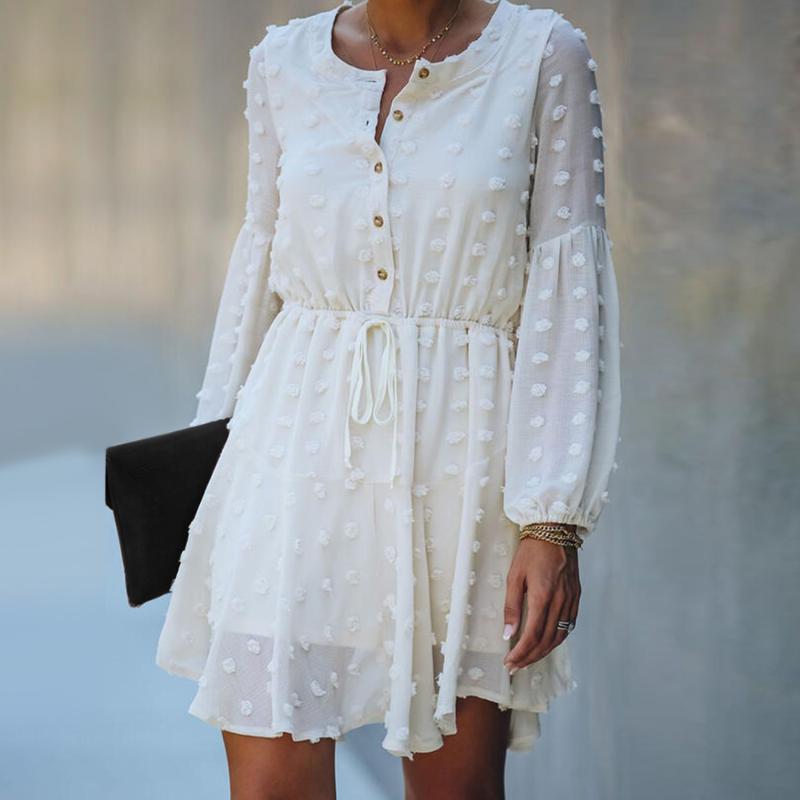 

Elegant Women Spring Summer Dress White Lace Long Sleeve Mini Party Dress Dobby Decor Perspective Female Clothes vestidos D30