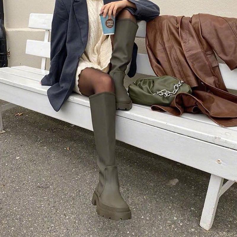 

Brand New Ladies Chunky Heels Motorcycle Boots Fashion Platform Solid Slip On Knee High Boots Women Casual Party Shoes Women1, Army green