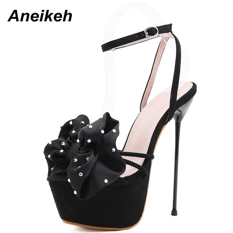 

Aneikeh Women's Sandals 2021 Sweet Fashion Butterfly-Knot Buckle Strap Platform Thin High Heels Bling Flower Sexy Sandals Summer, Black