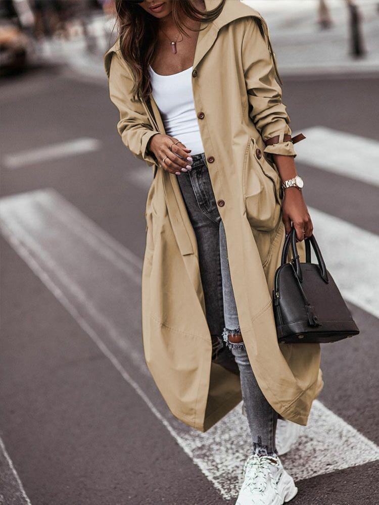

Fashion-Women's Trench Coats Autumn Coat 2022Letter Print Button Front Belted Hem Casual Woman Long Jacket Manteau Femme Kadin Kaban Mont, Apricot