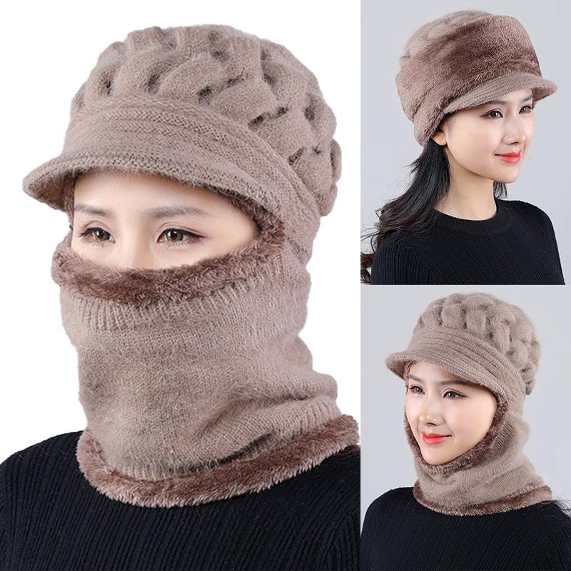 

2021 Women Winter Hat Knitted Hats Scarf Set Beanie Ski Caps Woman Female Neck Warmer autumn winter Beanies Hats Mask, As picture