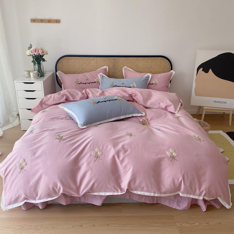 

Pink Bedding Set Sanding Embroidery Duvet Cover Set Long-staple Cotton Pillowcases Queen King Size Bed Bed Linen 4pcs 2020 new, Colour 1