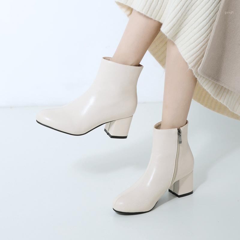 

High Quality 2020 Autumn Women Boots Faux Leather High Heel Ankle Boots Fashion Round Toe Zipper Winter Black White1, 2 black