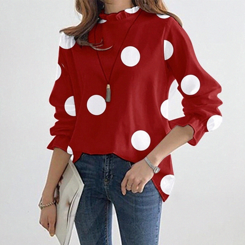 women's Blouse Shirt Polka Dot Print Round Neck Casual Streetwear Tops White Black Red T7BQ#