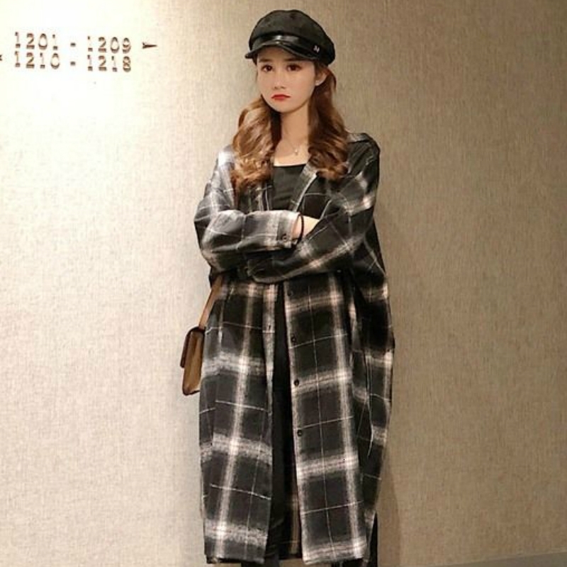 

2021 New Shirt Chess Woman Spring Leisure Fashion Size Long Sleeves Over Knee Jacket QVAX, Black