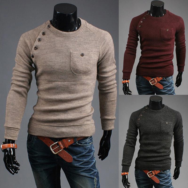 

ZOGAA Mens Sweater Casual Long Sleeve Pullover Sweater Pocket Decorated Autumn Solid Slim-fit Thin Tops Men Clothing, Beige