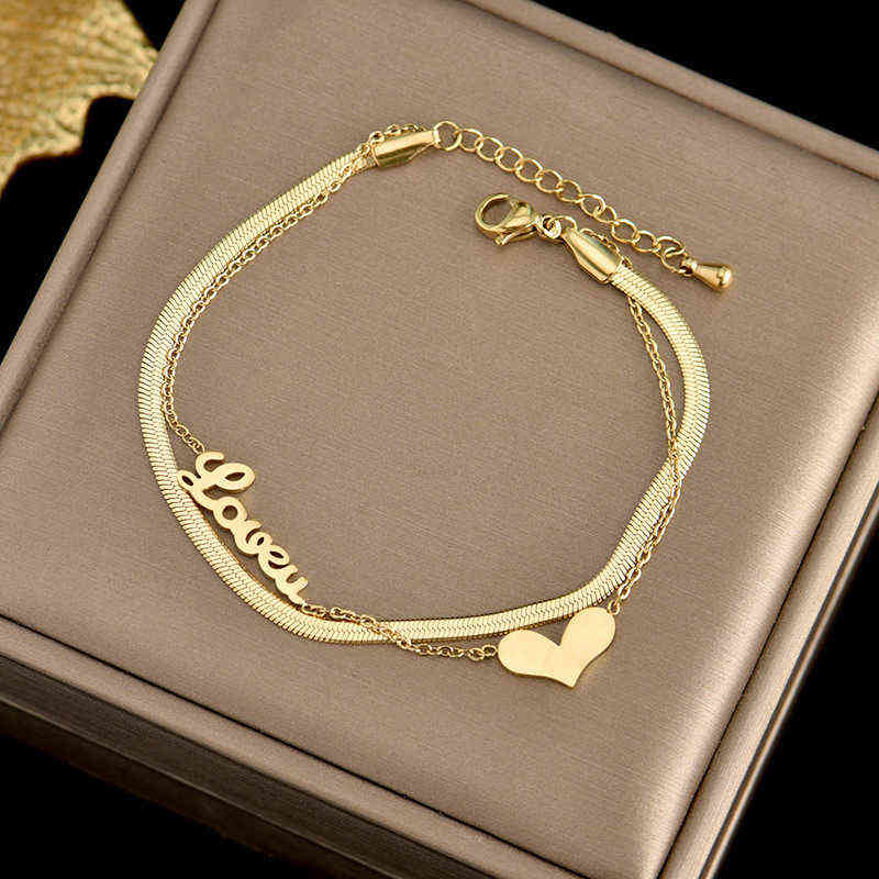 

Luxury Jewelry Double Heart Letter LOVE Anklet Women Gold Color Stainless Steel Ladies Jewelry Not Fade Y220309