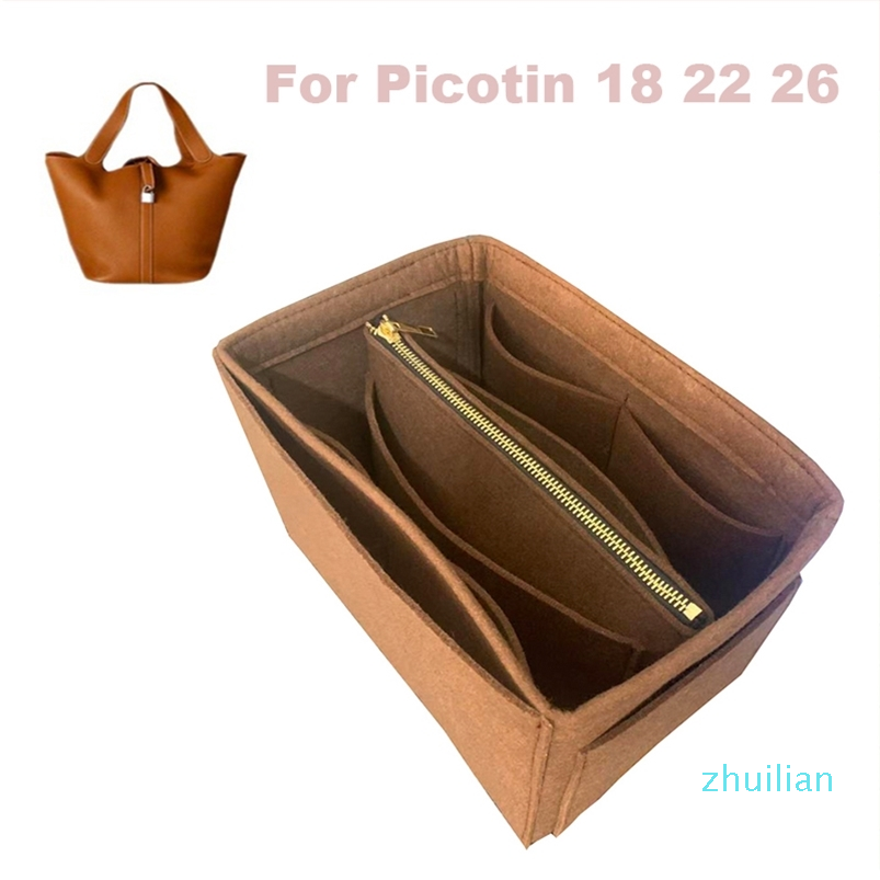 

For Picotin 18 22 26 Organizer Purse Insert Handmade 3MM Felt Tote Bag Organizer Pockets( Detachable Pouch w/Metal Zip) 211221, Darkgrey