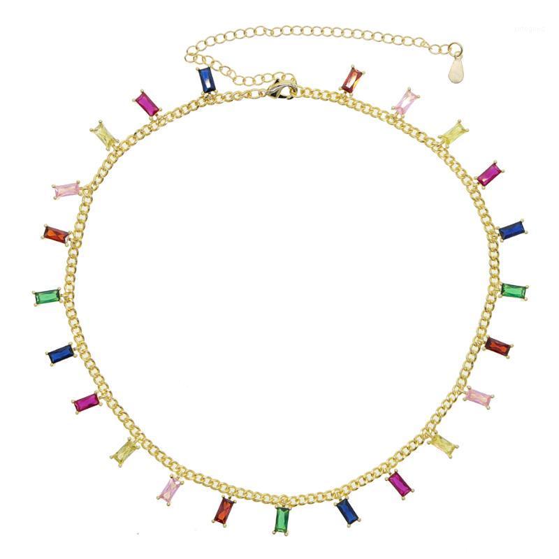 

Chokers Geometric Baguette Cubic Zirconia Cz Station Link Chain Rainbow Colorful Stone Choker Necklace For Women Iced Out 35+10cm Jewels1