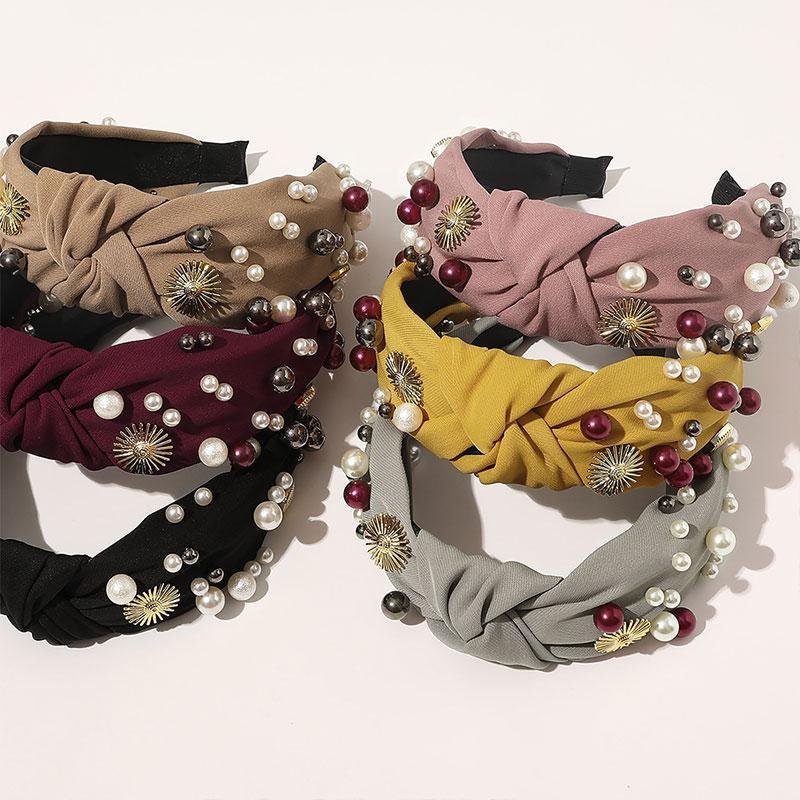 

Women Hair Accessories Wide Side Headband Imitation Pearl Rhinestones Hair Hoop Handmade Headwrap Cross Knotted Head Hoop