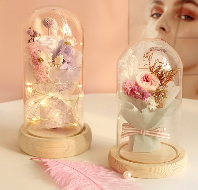 

Eternal flower rose glass cover Valentine's Day gift girlfriend birthday dry bouquet set gift box girl present, As pic