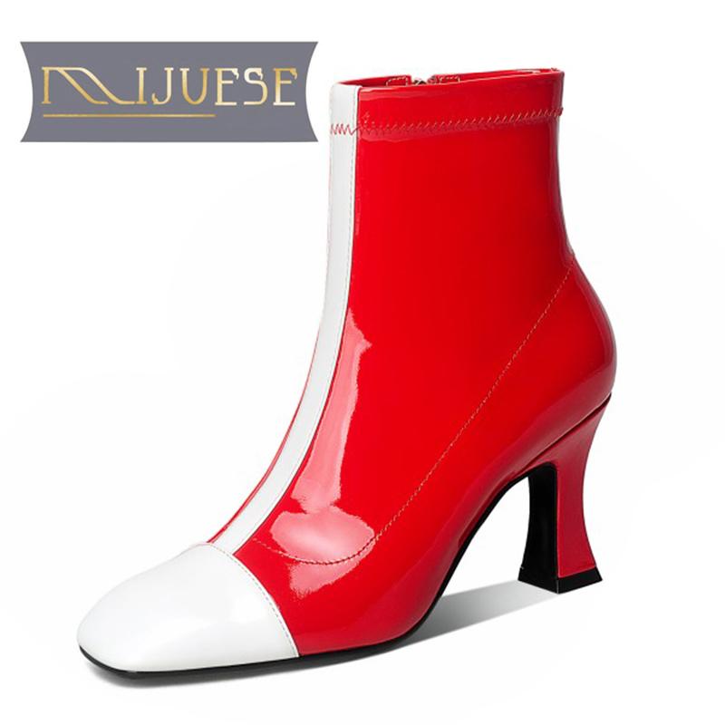

MLJUESE 2021 women soft ankle boots cow leather zippers boots winter short plush square toe high heels women, Red