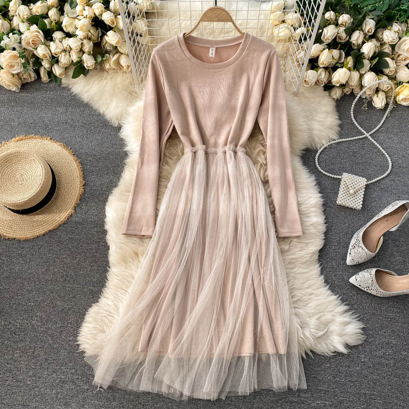 

2021 New Singlain design splice sweet woman neck long line dressed autumn fashion streetwear dress 8HLW, Black