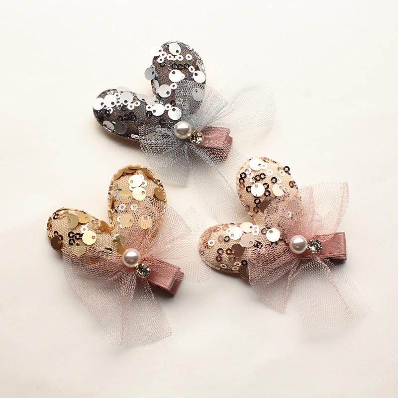 

6pcs/lot Modish Sequins Girls Glitter Heart Shape Felt Stars Hair Clips with GaBarrettes Lovely Crystal Animal Children Hairpin, Silver heart
