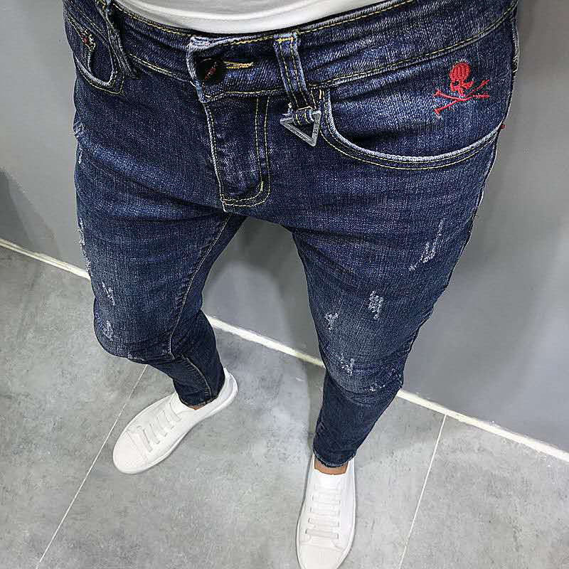 

Men's denim in fashion 2020 spring will see new Korean product thin fit young overalls personality brim pants W8XY, Sky blue