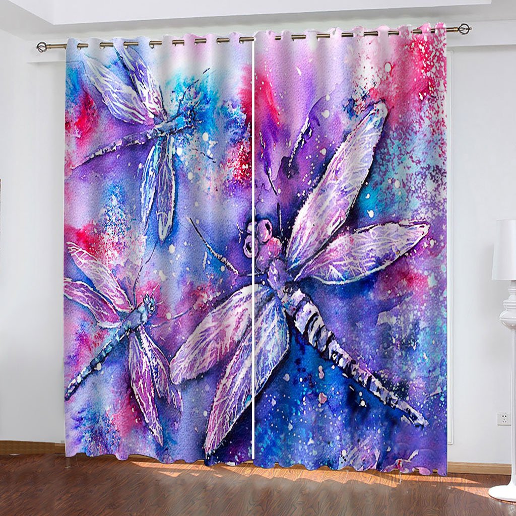 

Fashion Blackout Curtain Colorful Dragonfly Painting Pattern Insulated Soundproof Blinds Drapes For Bedroom Living Room Custom