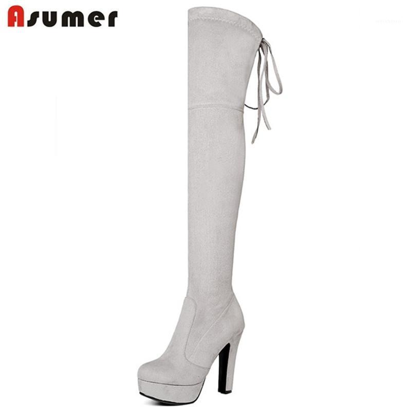 

Asumer Spuer heels shoes over the knee boots fashion elegant party shoes autumn winter boots platform flock thigh high1, Wine red