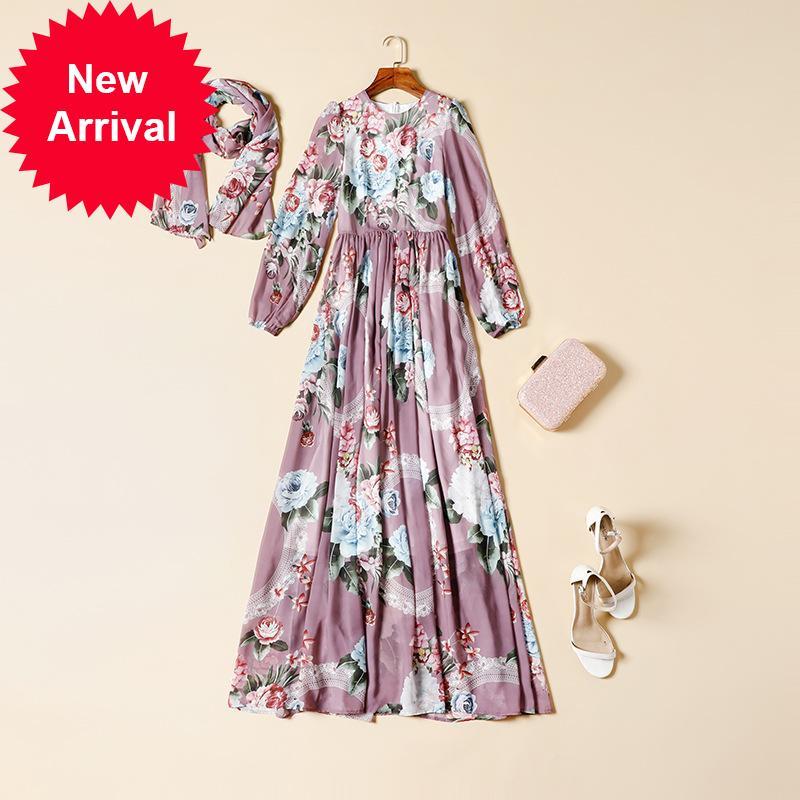 

2021 New Spring New Long Elegant Dresses Chiffon Flower Print Floral Women Dressed in Holiday Dress X2wk, Blue