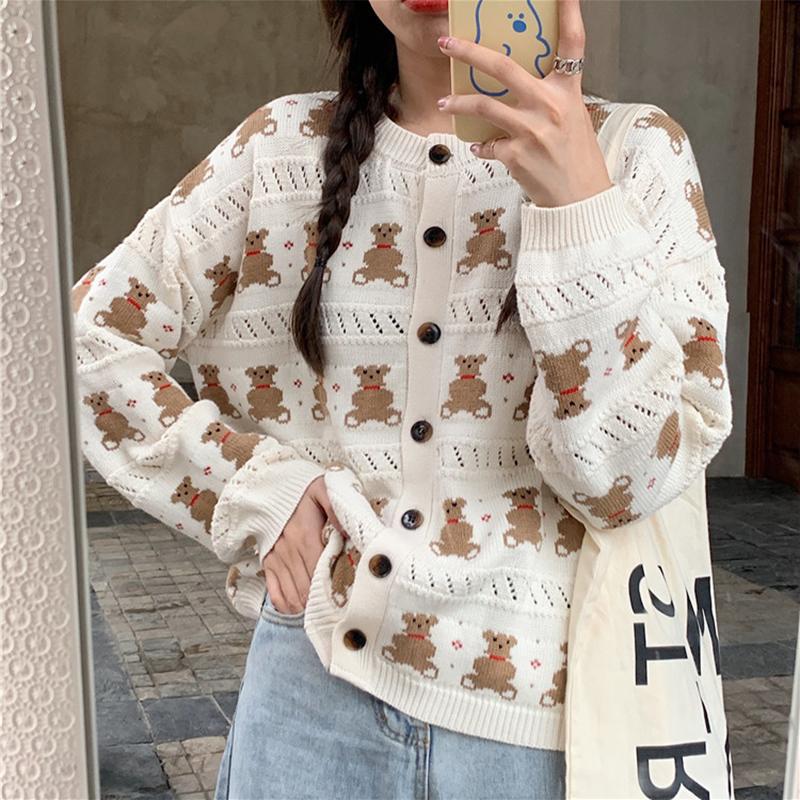 

New Woolen Sweater-Autumn Women's Knitted Coat Sweater Knitted O Neck Crew Neck Cardigan Button Polka Beige Bear Cartoon Outwear, 80cm