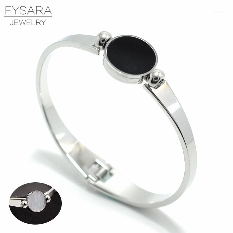 

FYSARA Classic Brand White Shell & Black Double Sided Design Bangles Bracelets Stainless Steel Cuff Charm Bracelets Turnable1