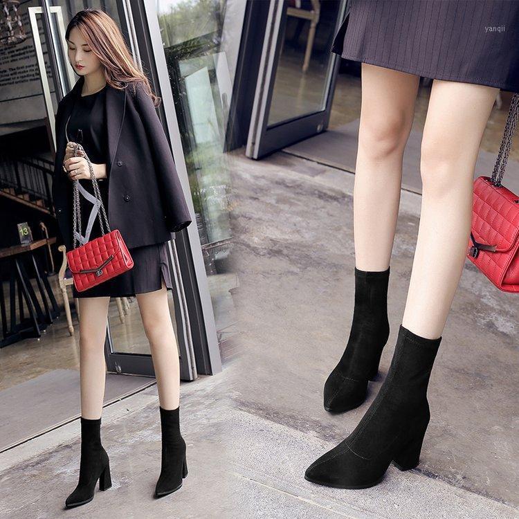 

Winter Boots Lady Rock Shoes Woman Boots-Women Zipper 2021 High Heel Stockings Pointy Autumn Rubber Ankle Canvas Solid Fabric1