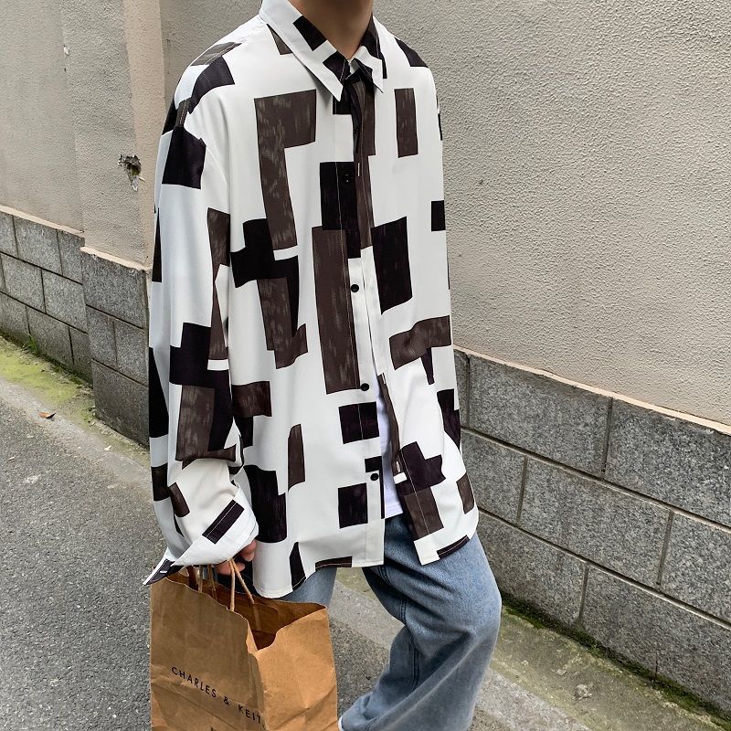 

2021 New Long Manly Shirt Spring and Fresh Fall Lapel All-male Size M-5xl Men's Clothing Youth STQA, Deep lattice.