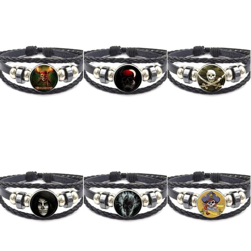

EJ Glaze Jewelry With Plated Glass Cabochon Black Leather Bracelet Bangle For Women Girl Gift Pirate skull