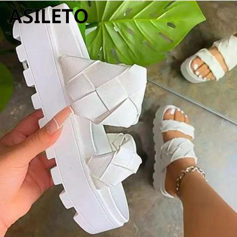 

ASILETO Women New 2021 Slippers Open Toe Thick Bottom Platform Weave Classic Concise Plus Size 35-43 Outdoor Orange A3693, Black