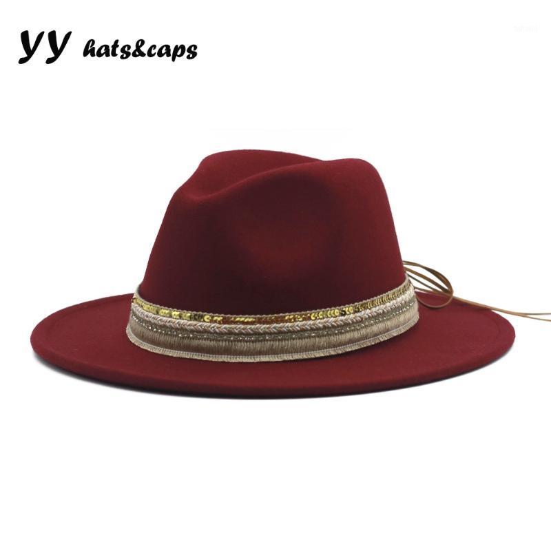 

YY Sequin Tassel Fedora Hat for Women Fashion Felt Cap Wide Brim Warm Trilby For Men Belt Buckle Panama Hat FD0131, Rust buckle hat