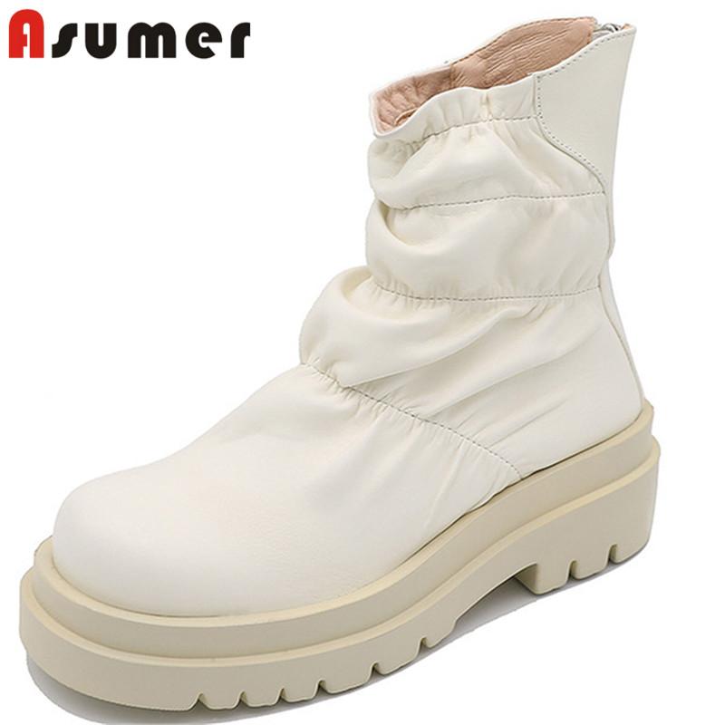 

Asumer 2020 hot sale vintage fashion genuine leather shoes women ankle boots round toe zip autumn winter casual shoes ladies, Beige