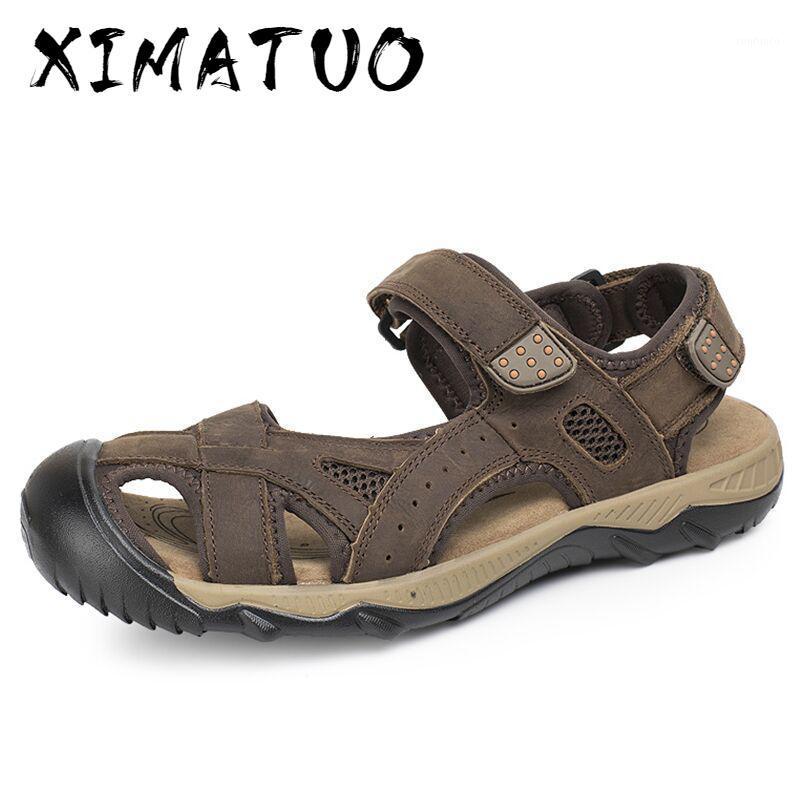 

2020 Hot Sale Genuine Leather New Fashion Summer Breathable Men Sandals Beach Shoes Men's Causal Shoes Plus Size 38-481, Brown