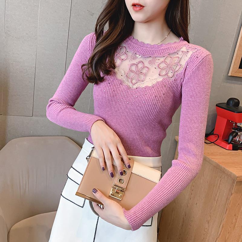 

Lace Hollow Sexy Bottoming Sweater Women's New Long Sleeve Slim Fit Sexy Pullover Sweater Femme Chandails Pull Hiver, White-804
