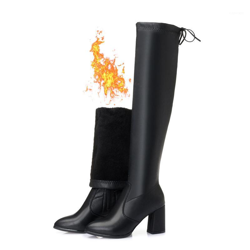 

2020 New Women Boots Thigh High Boots Over The Knee High Women Heel Sexy Winter Fur Booties Black1, Black-pu