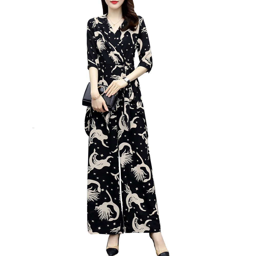 

2021 New -4xl Feminino Conjunto Peas Blusa Impresso Calas Perna Larga Roupa Moda Terno De Vero Ypxg, Black