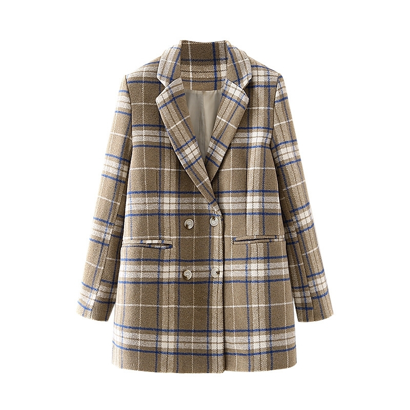 

2021 New Streetwear Feminine Neck Brace Blazers Fashion Plaid Khaki Ladies Elegant Women's Fashionable Double Breasted Jacket 8H6S