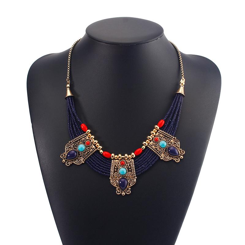 

Bohemian Handmade Beaded Necklace Women's Alloy Carve Vintage Blue Color Choker Clothing Accessories Necklace