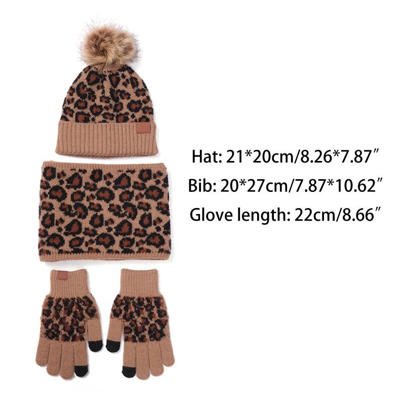 

3Pcs Women Winter Pompom Beanie Hat Scarf Touch Screen Gloves Set Warm Knit Leopard Print Skull Cap Plush Lined Warmer