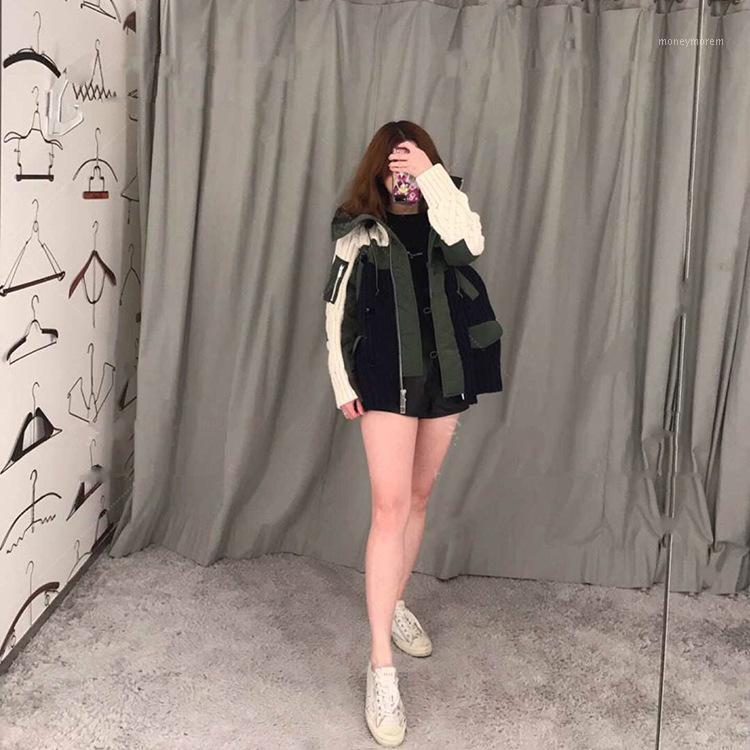 

Women Sweater 2019 Autumn and Winter New Stitching Contrast Color Loose Short Knit Sweater Coat1, Green