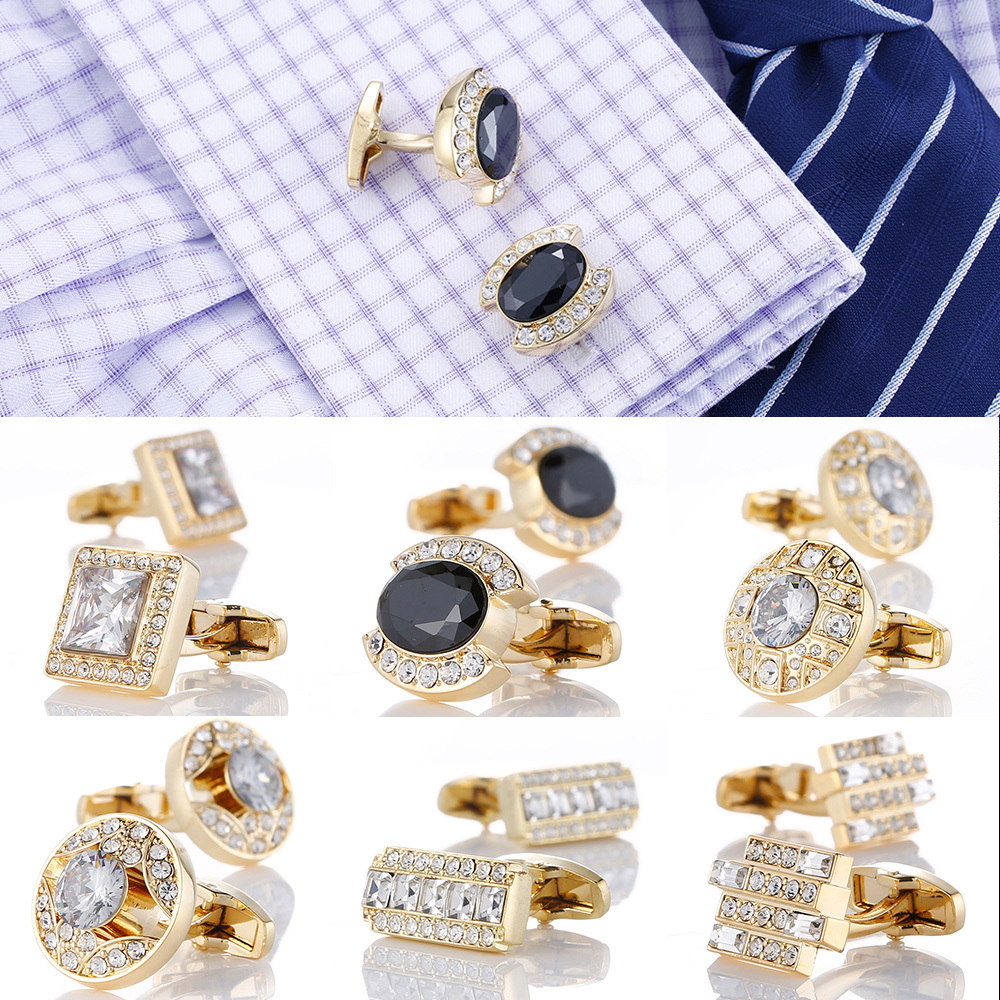 

Luxury Gold Mens Cufflinks with Crystal Wedding French Shirt Cuff links Sleeve Buttons Men's Jewelry Accessories Design Cuffs Y1130