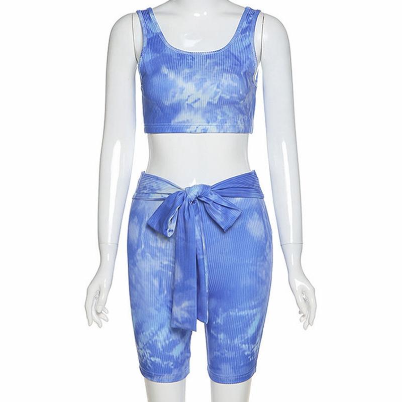 

Tie-Dyed Women Yoga Set Backless Bounce Cropped Shockproof Tank Tops Bowknot Frenulum Colorful 4 Way Stretch Leggings Tracksuits, Blue
