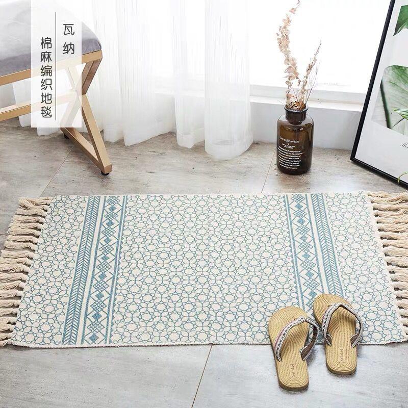 

Fashion Home Living Room Carpet Floor Rug Tassel Decor Cotton and Linen Bedside Shower Room Mat Balcony Kitchen Area Rug, No.1