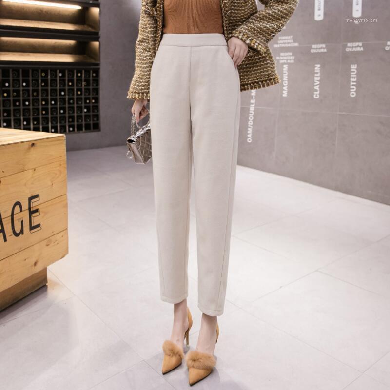 

Woolen Harem Pants Women Autumn Winter 2020 New High Waist Slim Pants Black All-Match Casual Female s5911, Beige