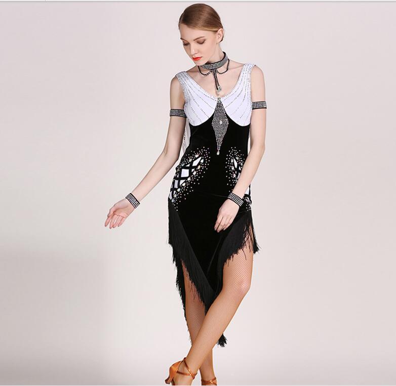 

Exquisite Luxury Rhinestone Tassel Latin dance dress Women Salsa, Black