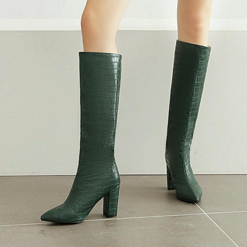 

Winter European and American Style Ladies Boots High Quality Crocodile Pattern Pointed Western Boots Knight Women Shoes, Black