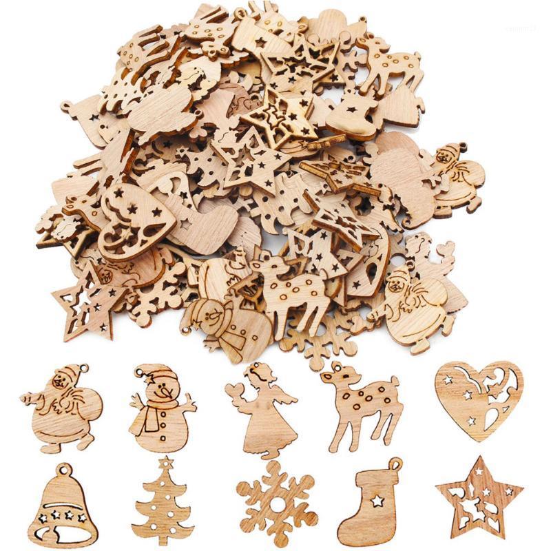 

100Pcs Vintage Christmas Wooden Pendants Tree Ornaments Mini Santa Claus Snowman Elk Snowflakes Christmas Tree Hanging Pendants1