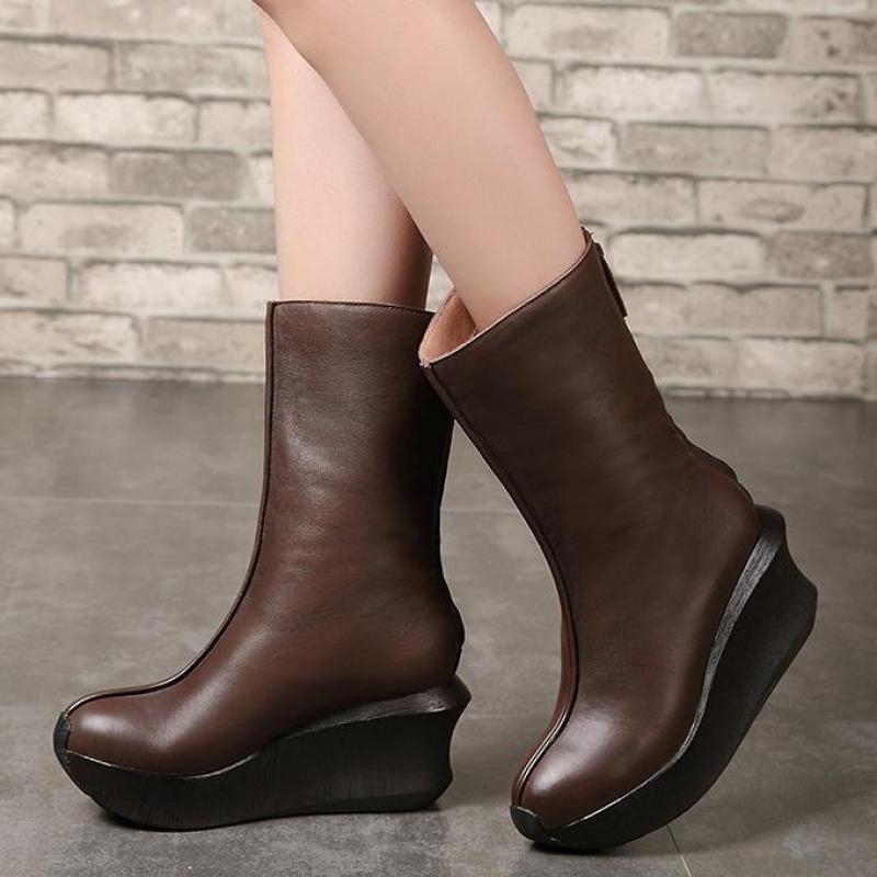 

Johnature Winter 2020 New Women Shoes High Heel Boots Genuine Leather Zip Wedges Warm Handmade Concise Leisure Platform Boots, Coffee plush