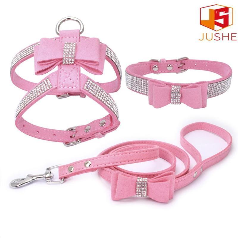 

Hot selling Nylon dog harnes diamond collar three piece chest back double-layer super fiber Korean comfortable traction rope1