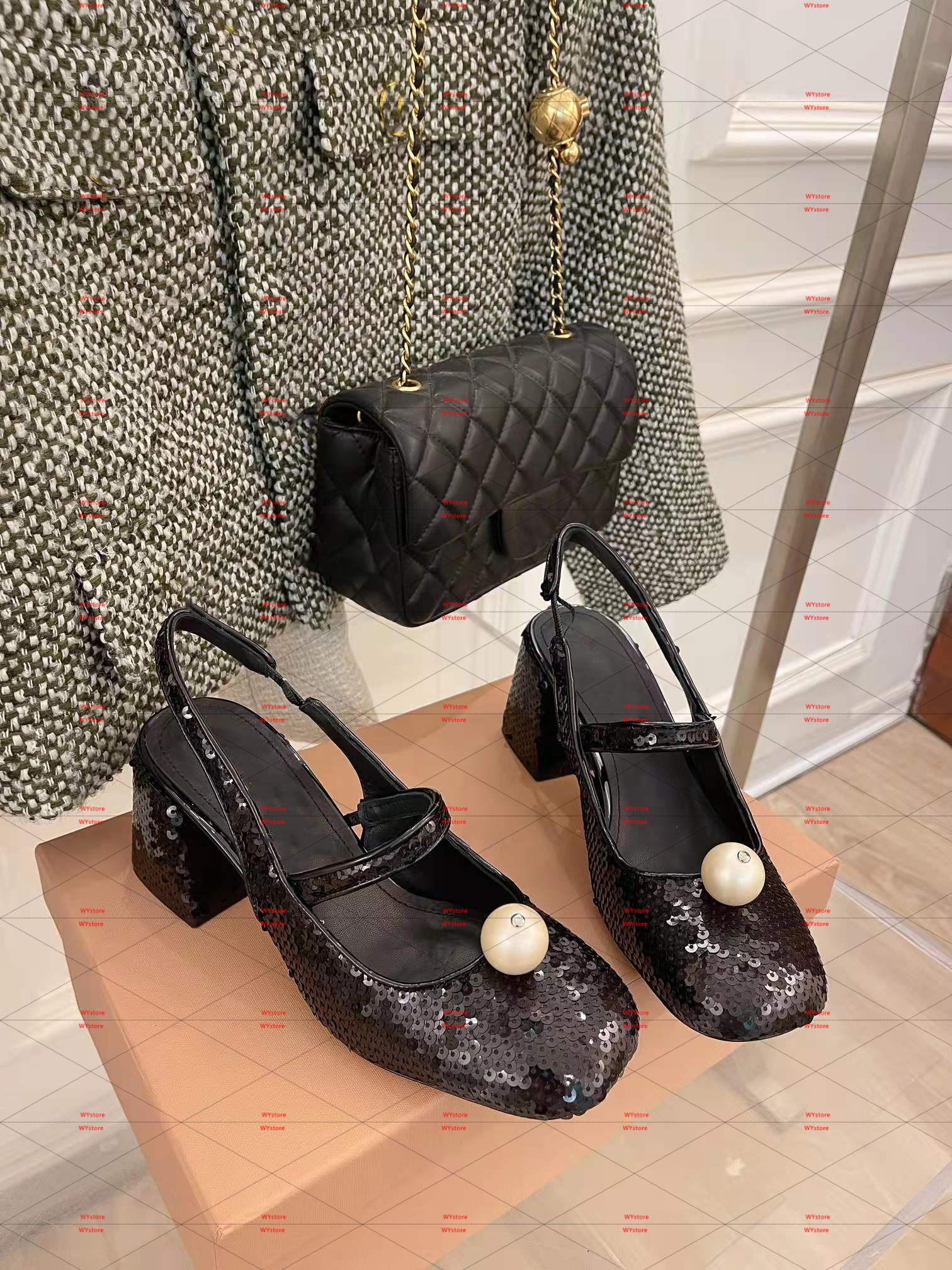 

2022SS Spring large pearl embellished sequins dress shoes Princess Shoes Back Empty sandals Size 35-40, Black